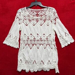 White‎ Crochet Lace Top Blouse Flowy Bohemian Festival Beach Summer Medium